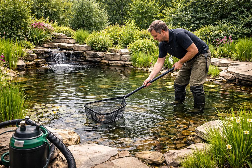 Skilled pond contractor assessing soil and water flow on a Newcastle, OK property