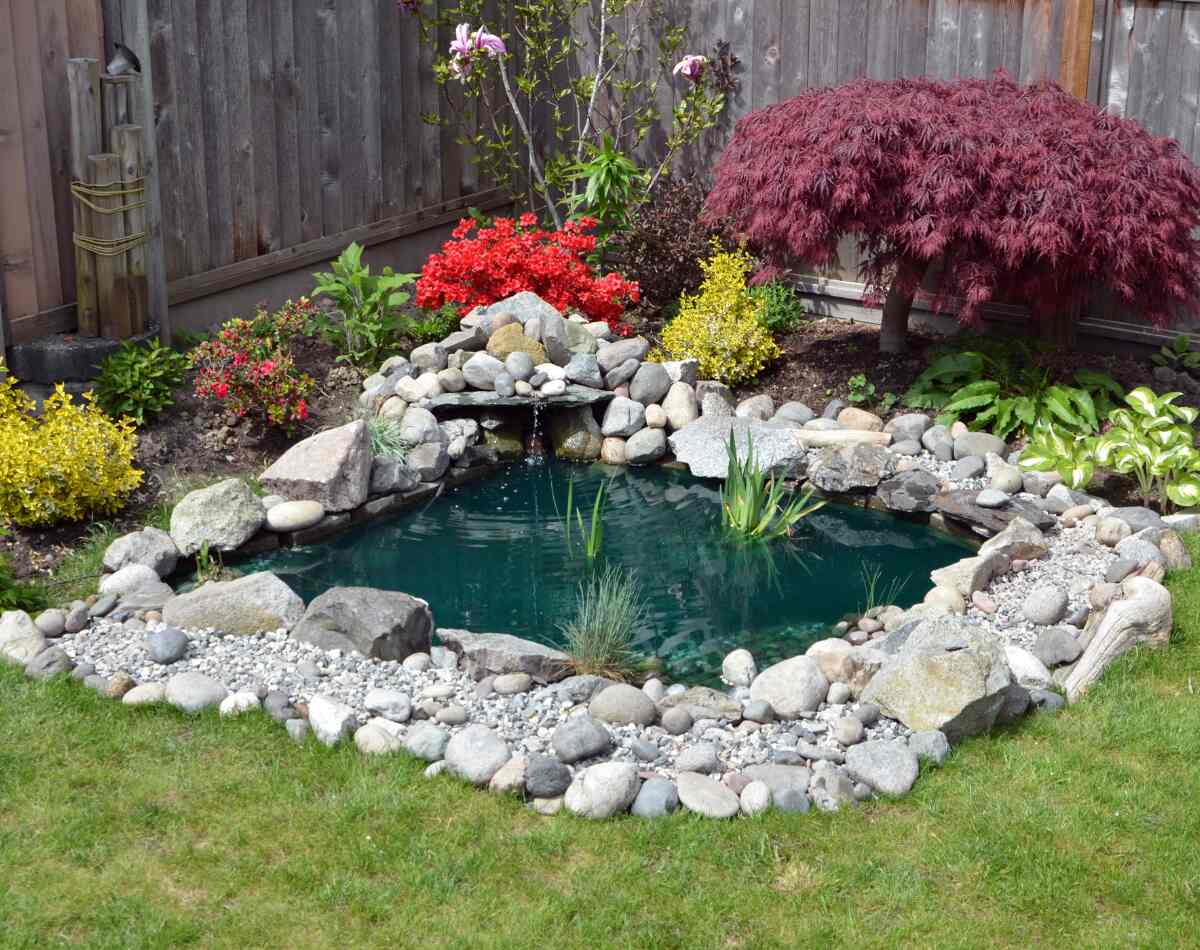 Crew removing sludge and debris from neglected backyard pond during seasonal cleanout