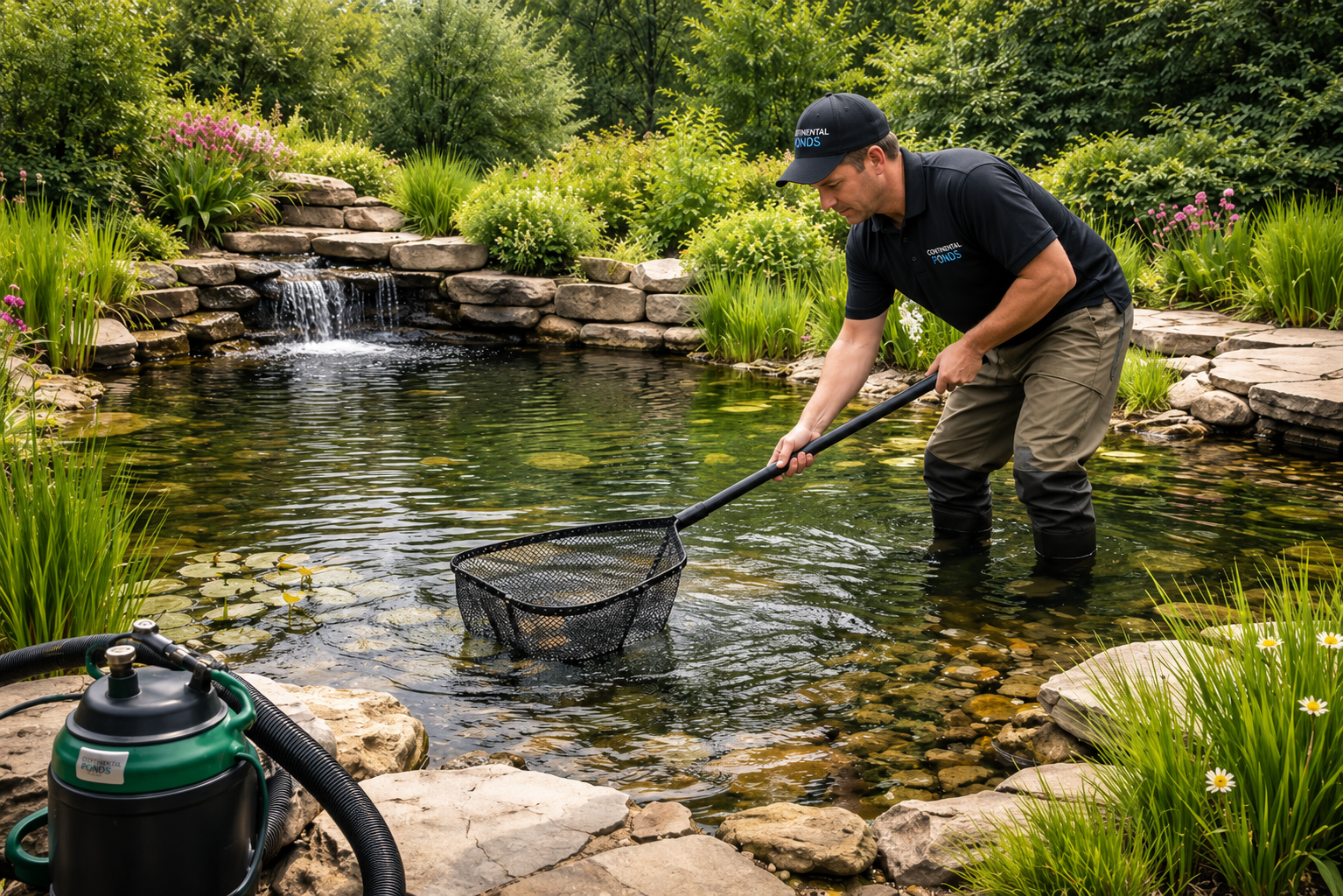 Pond service technician providing pond maintenance